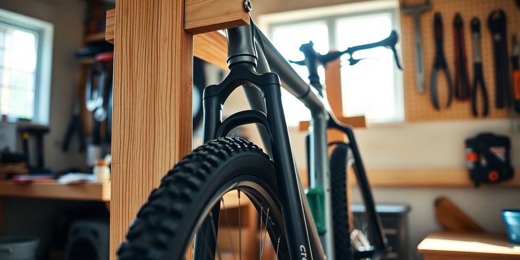 Wooden bike rack with mountain bike