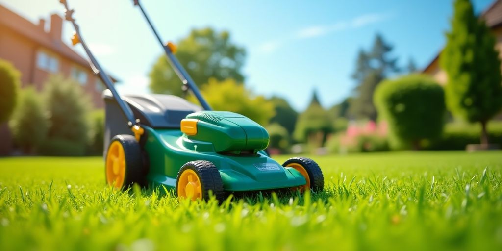 Akku-Rasenmäher im Einsatz im grünen Garten.