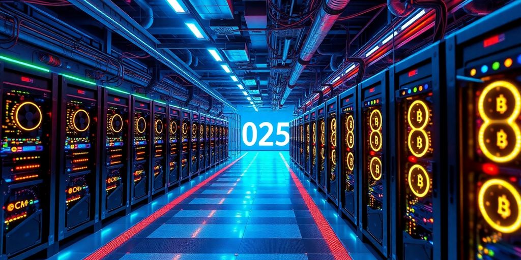 Futuristic crypto mining facility with advanced technology and lights.