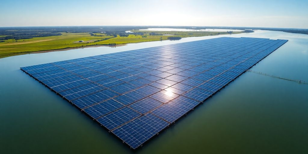 Centrale de panneaux solaires flottants sur un grand réservoir d'eau.
