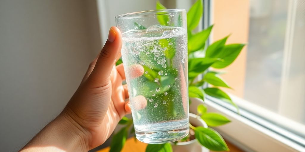 Person drinking water from a clear glass.