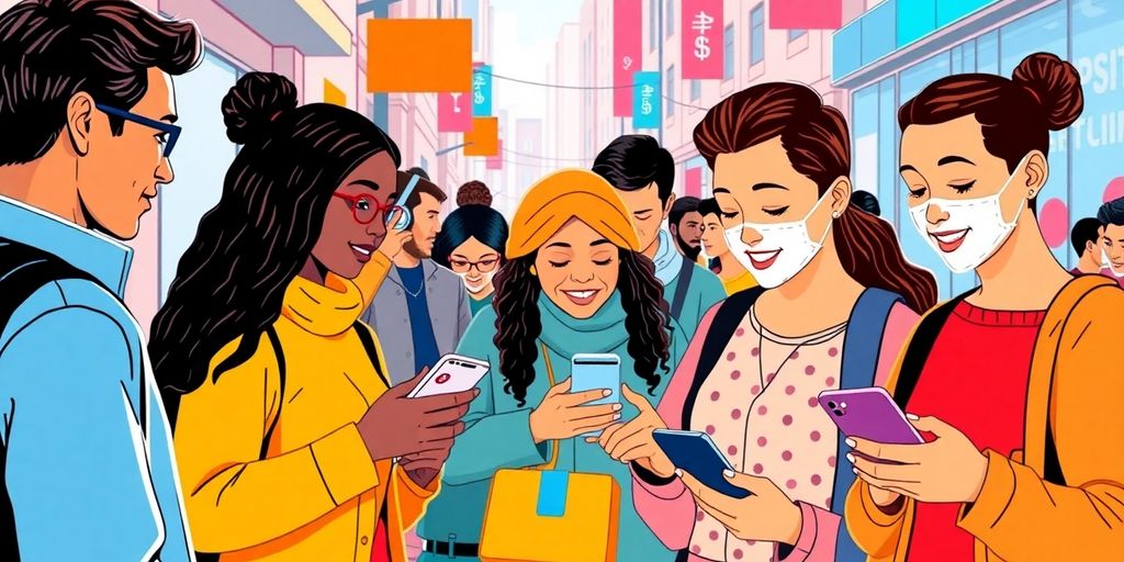 People using mobile devices for decentralized payments in a city.