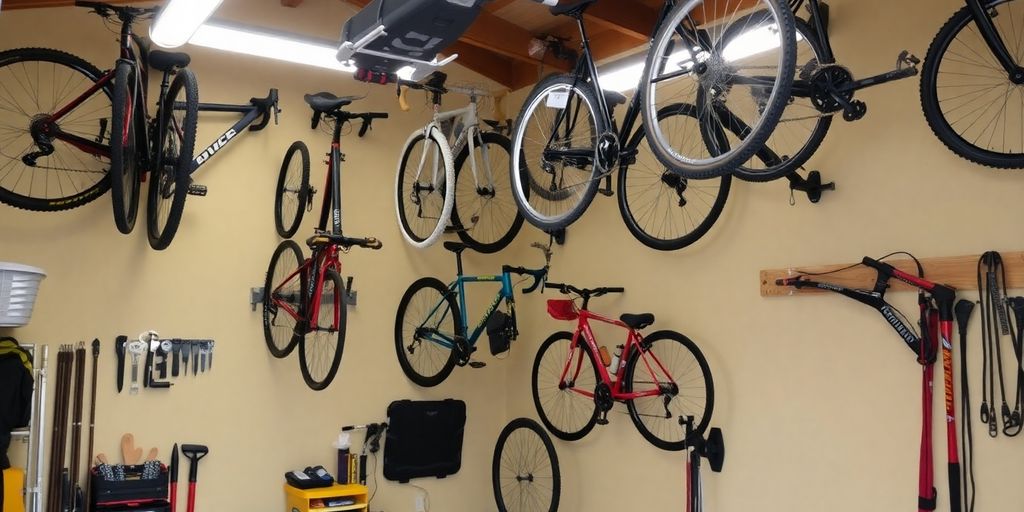 Organized shed with bike mounts and bicycles stored securely.