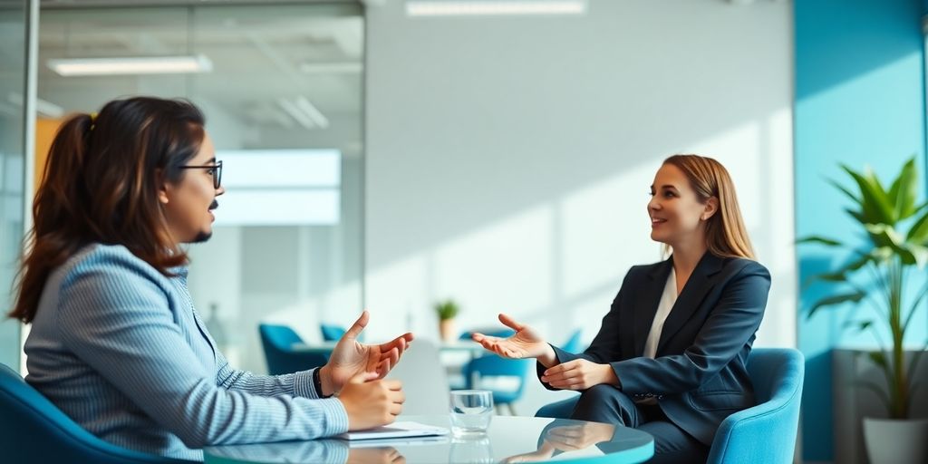 Branchenzuschläge in der Zeitarbeit: FAQ zu Höhe, Anspruch und Dauer Zwei Personen im Gespräch in einem professionellen Büroumfeld.