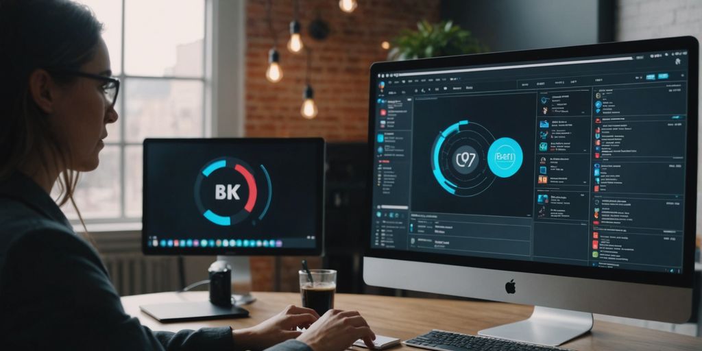 Chatbot icon on computer screen with website elements.