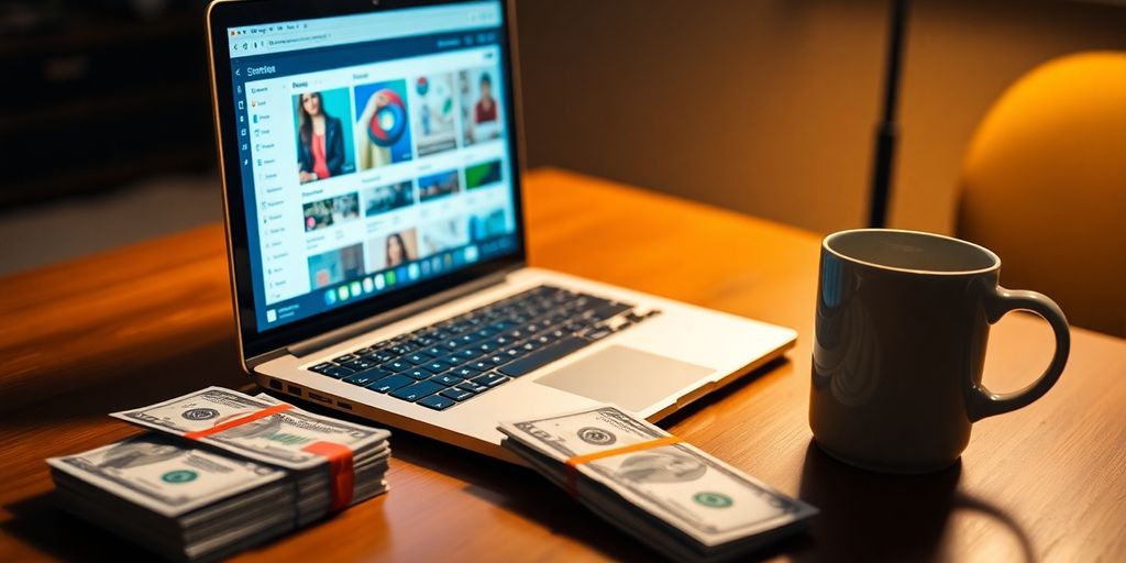 Laptop with cash and coffee for online money-making.