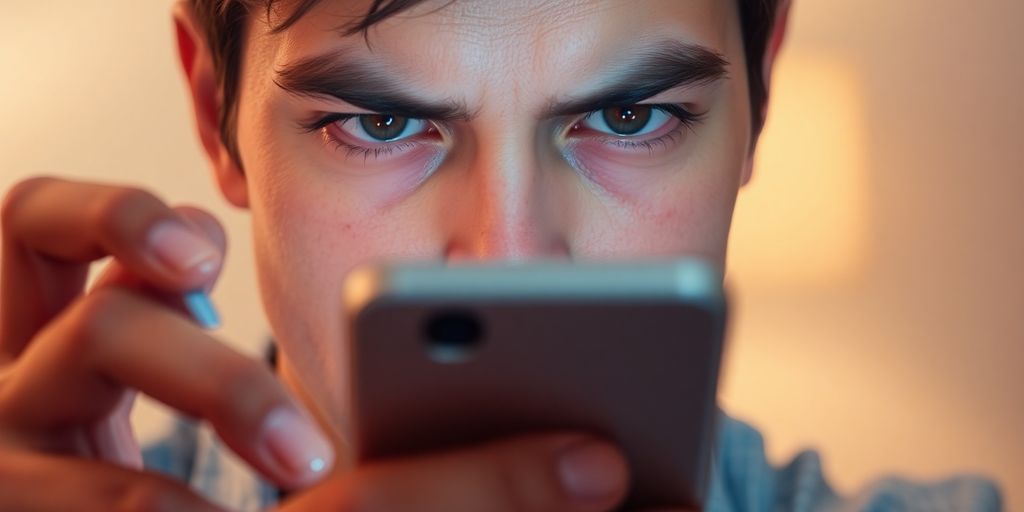 Person looking suspiciously at phone screen.