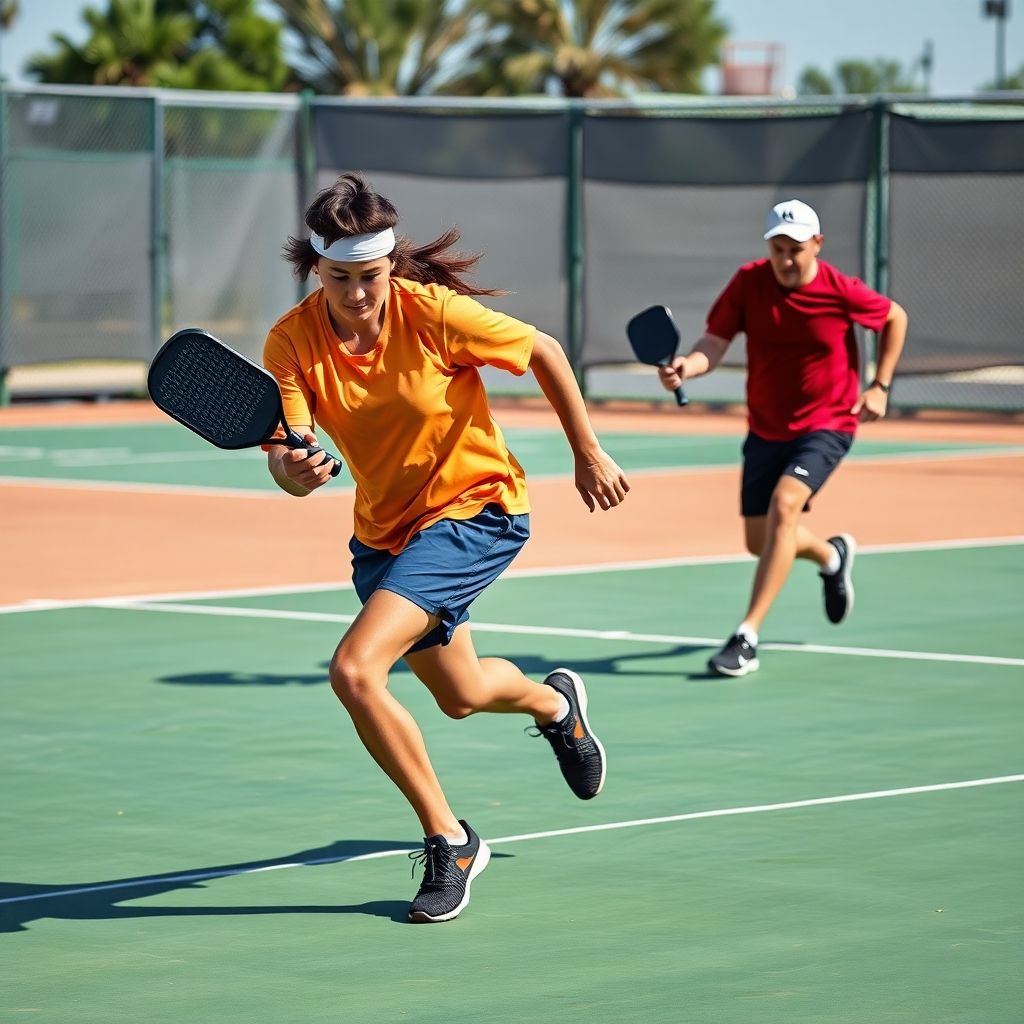 Pickleball players in dynamic court positions.