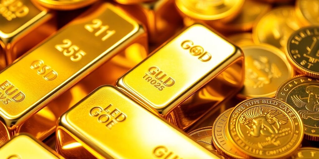 Lingots d'or et pièces de monnaie en gros plan.