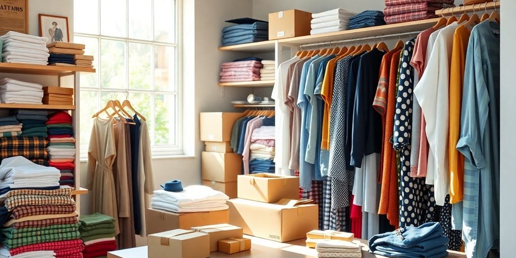 Woman packaging clothing for online consignment store.