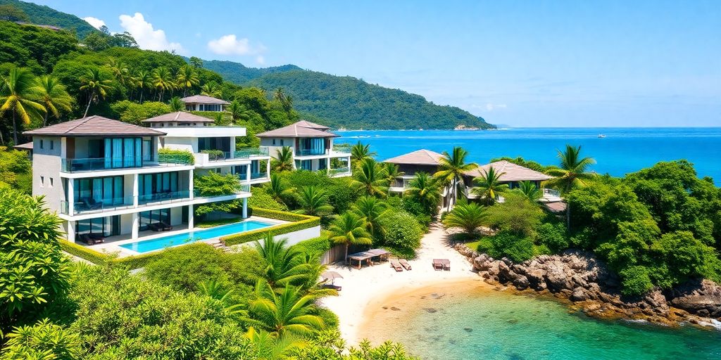 Scenic Phuket shoreline with rental properties and sea.