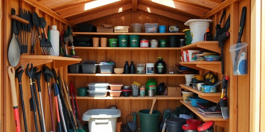 Organized small backyard shed with shelves.