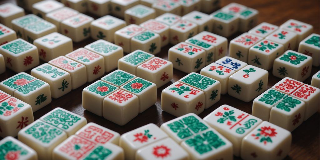 Artistic arrangement of colorful mahjong tiles on table.