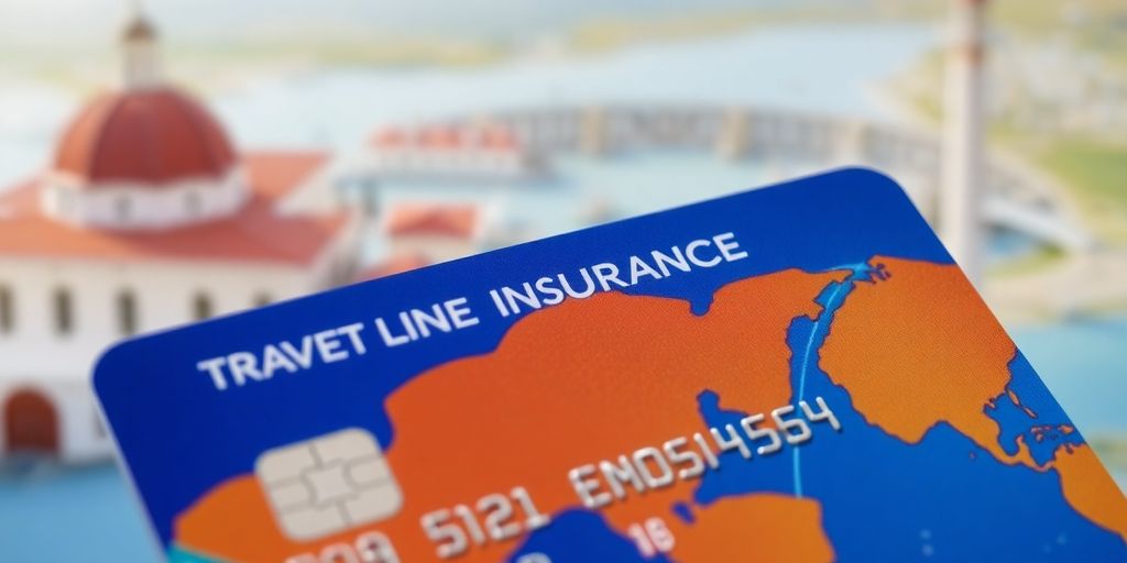 Kreditkarte mit Reiseversicherung auf einem Reisemotiv.