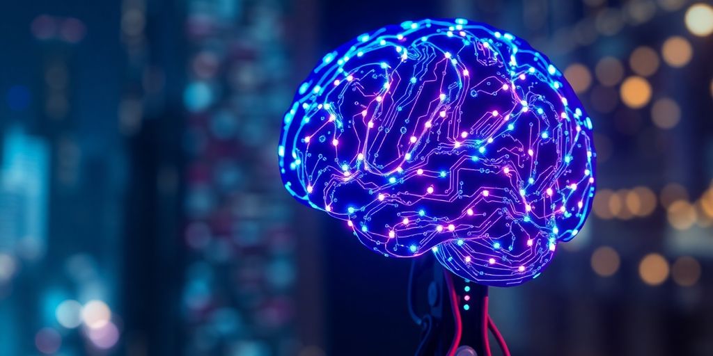 Cérebro robótico brilhante com luzes futuristas