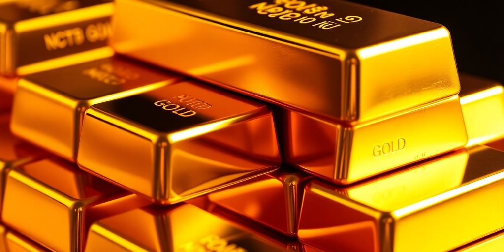 Barres d'or empilées avec éclat lumineux.