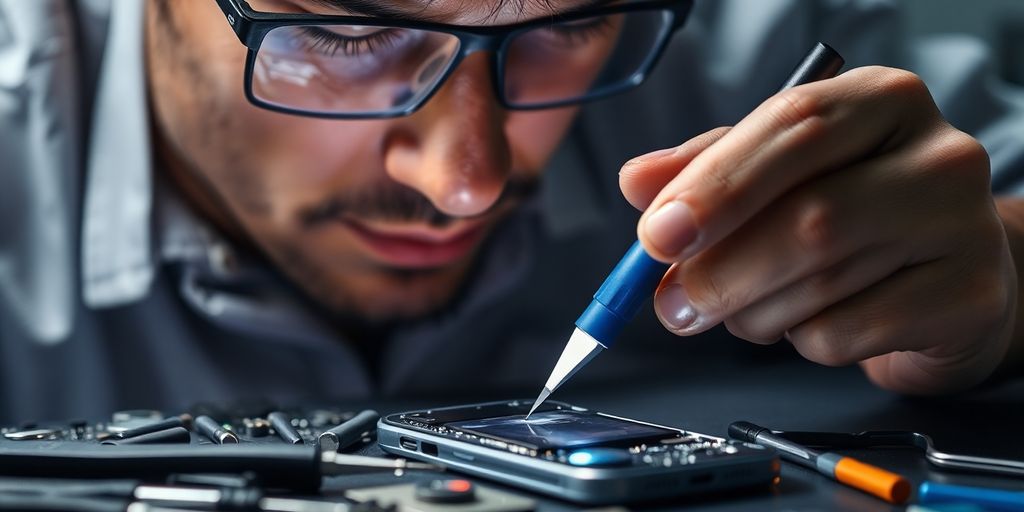 Technician repairing smartphone with tools and devices around.