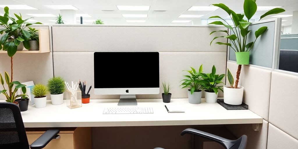 Clean office desk and cubicle with organized workspace.