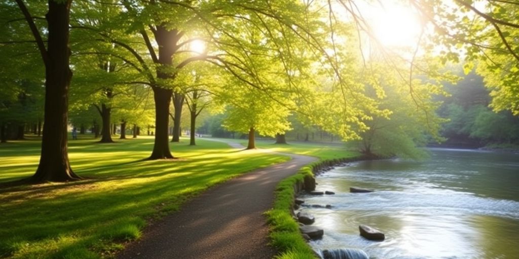 Calming nature scene with trees and flowing water.
