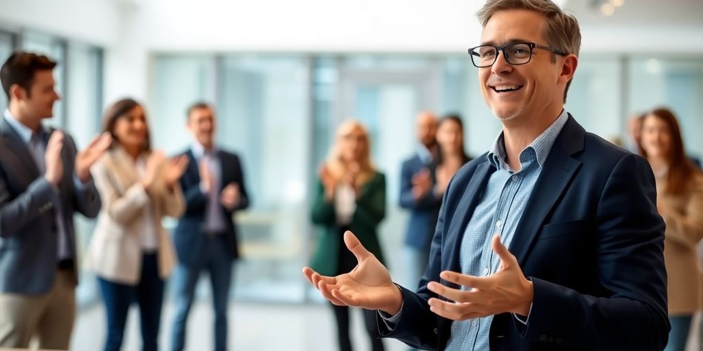 Person confidently presenting achievements in professional setting.