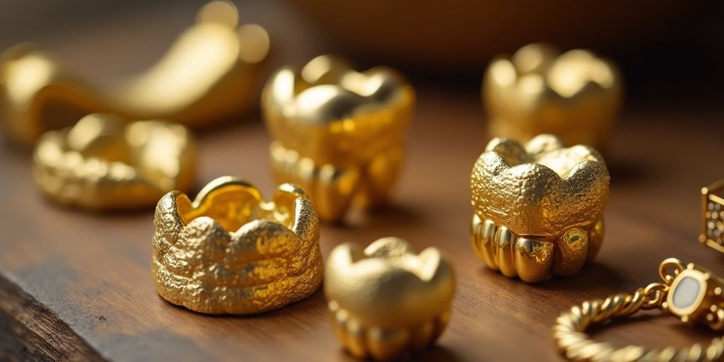 Un gros plan d'or dentaire brillant sur bois.