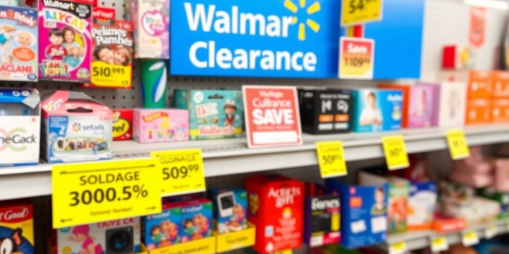Walmart clearance shelf filled with discounted colorful products.