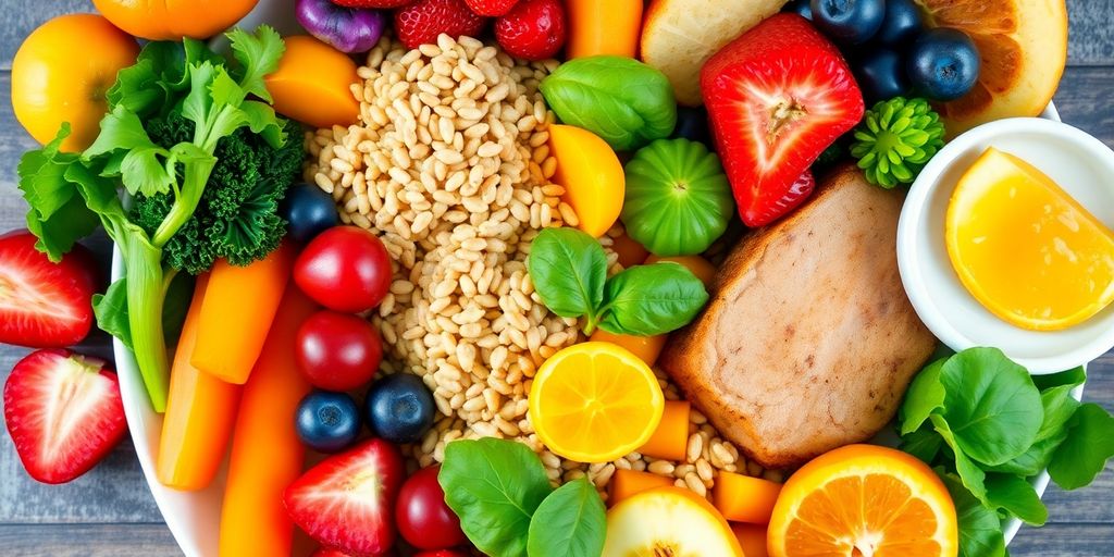 Dieta equilibrada para emagrecer com saúde em 2025 3 Prato colorido com frutas, legumes e proteínas magras.