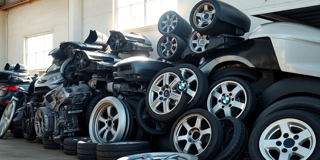 BMW car parts neatly arranged.