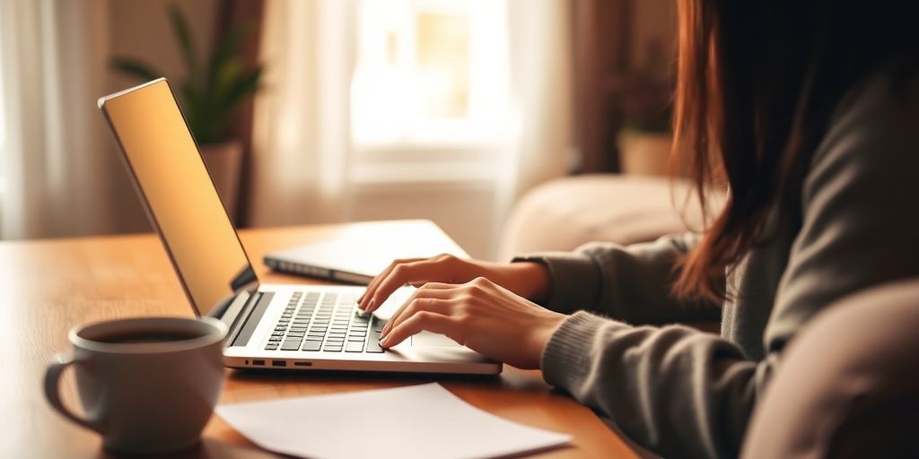Person typing on a laptop in a home office.