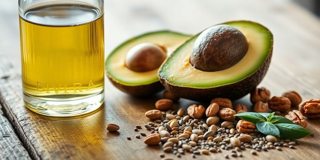 Olive oil bottle, avocado, nuts, and seeds.