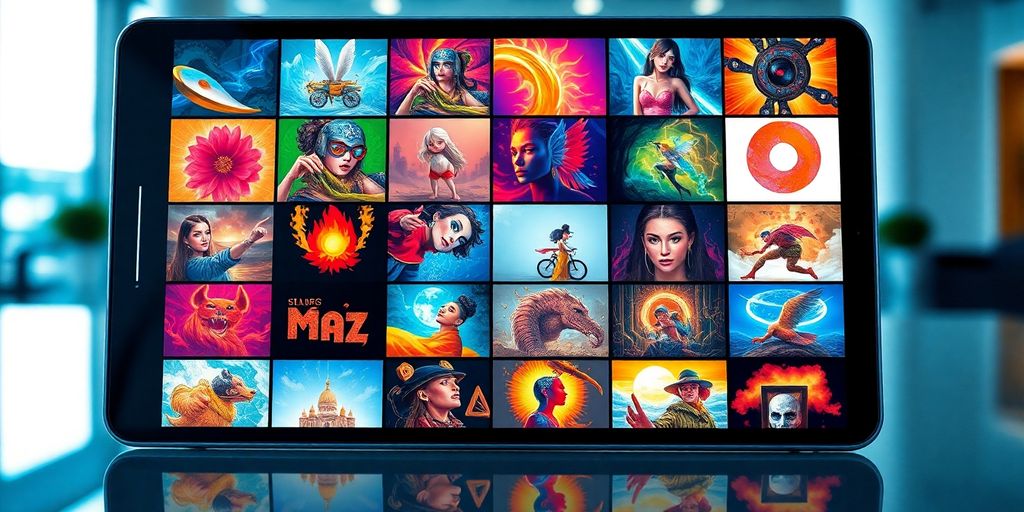 Colorful digital artworks on a device for NFTs.