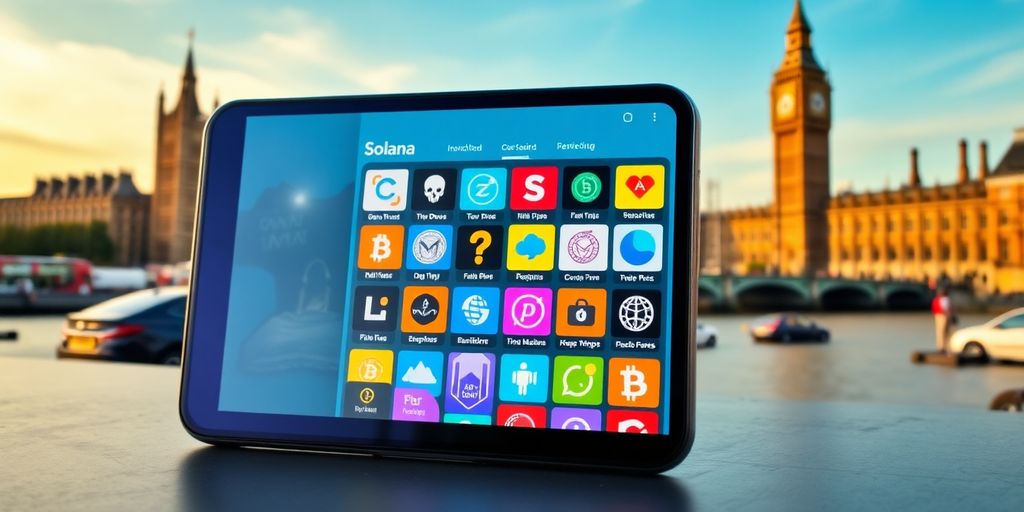 Mobile device showing decentralized apps on Solana platform.