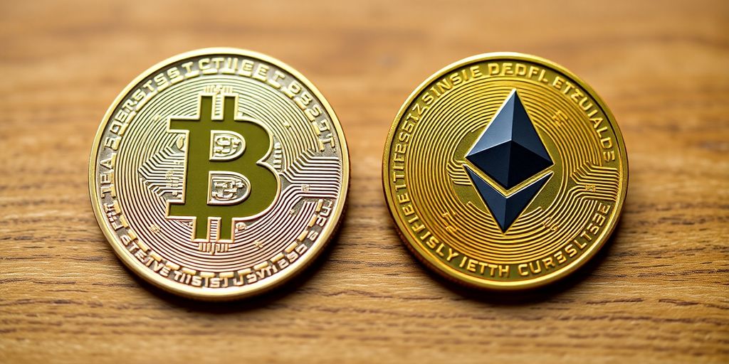 Bitcoin and Ethereum coins on a wooden surface.