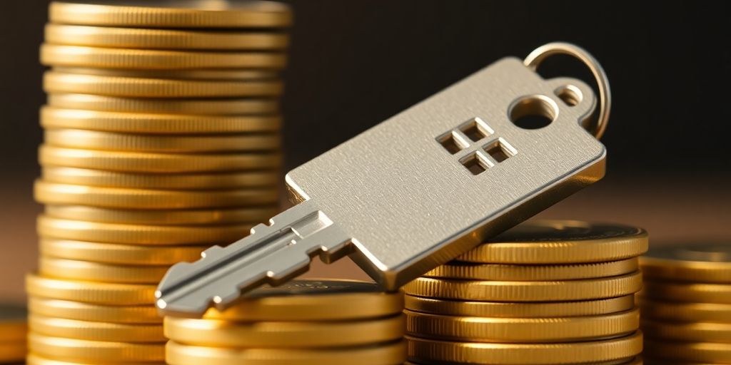 House key on large stack of coins.