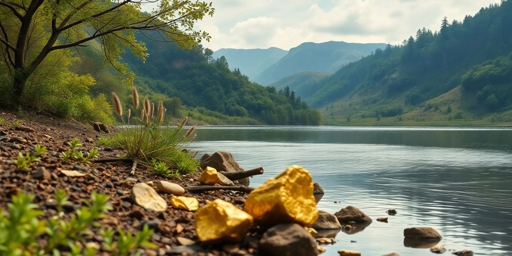 Natural gold elements in a serene landscape setting.