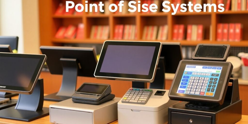 Cash registers and payment terminals with price tags.