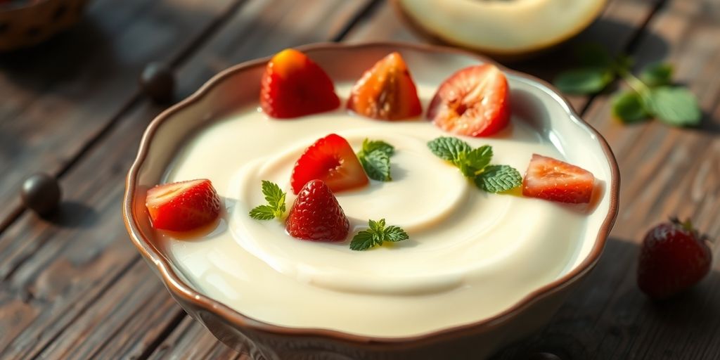 Creamy milk pudding with fruits in a bowl.