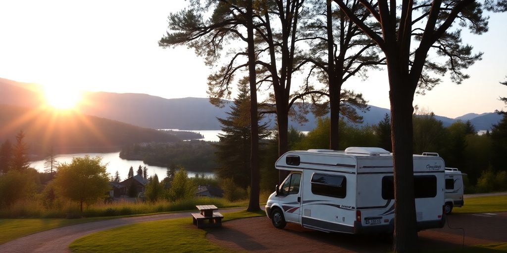 Campingplatz mit Wohnmobil und schöner Natur.