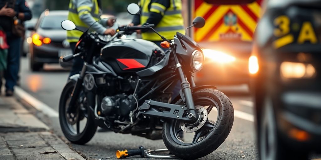 Damaged motorcycle at an accident scene with responders.
