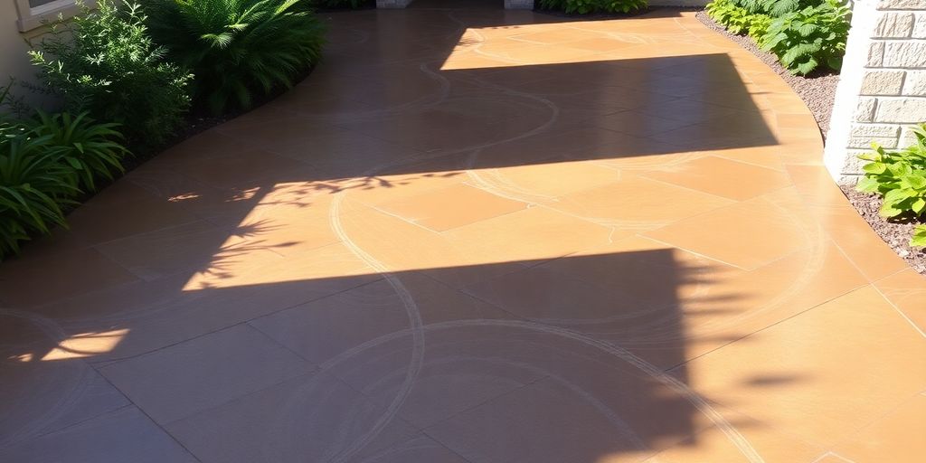 Decorative concrete patio with intricate patterns.