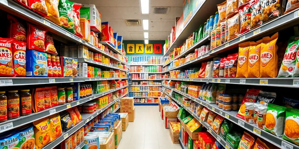 Supermarket aisle in Hong Kong with diverse food products.
