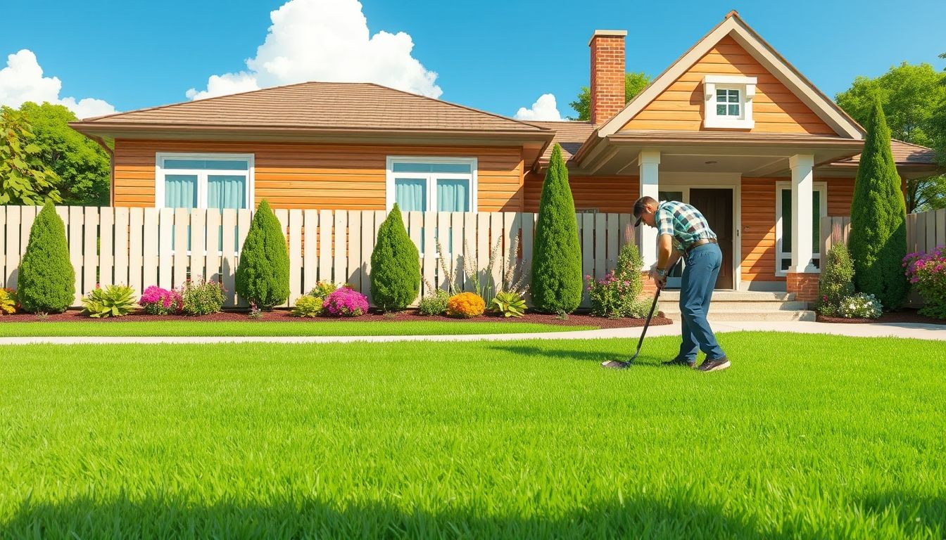 Gardener working on lush green lawn