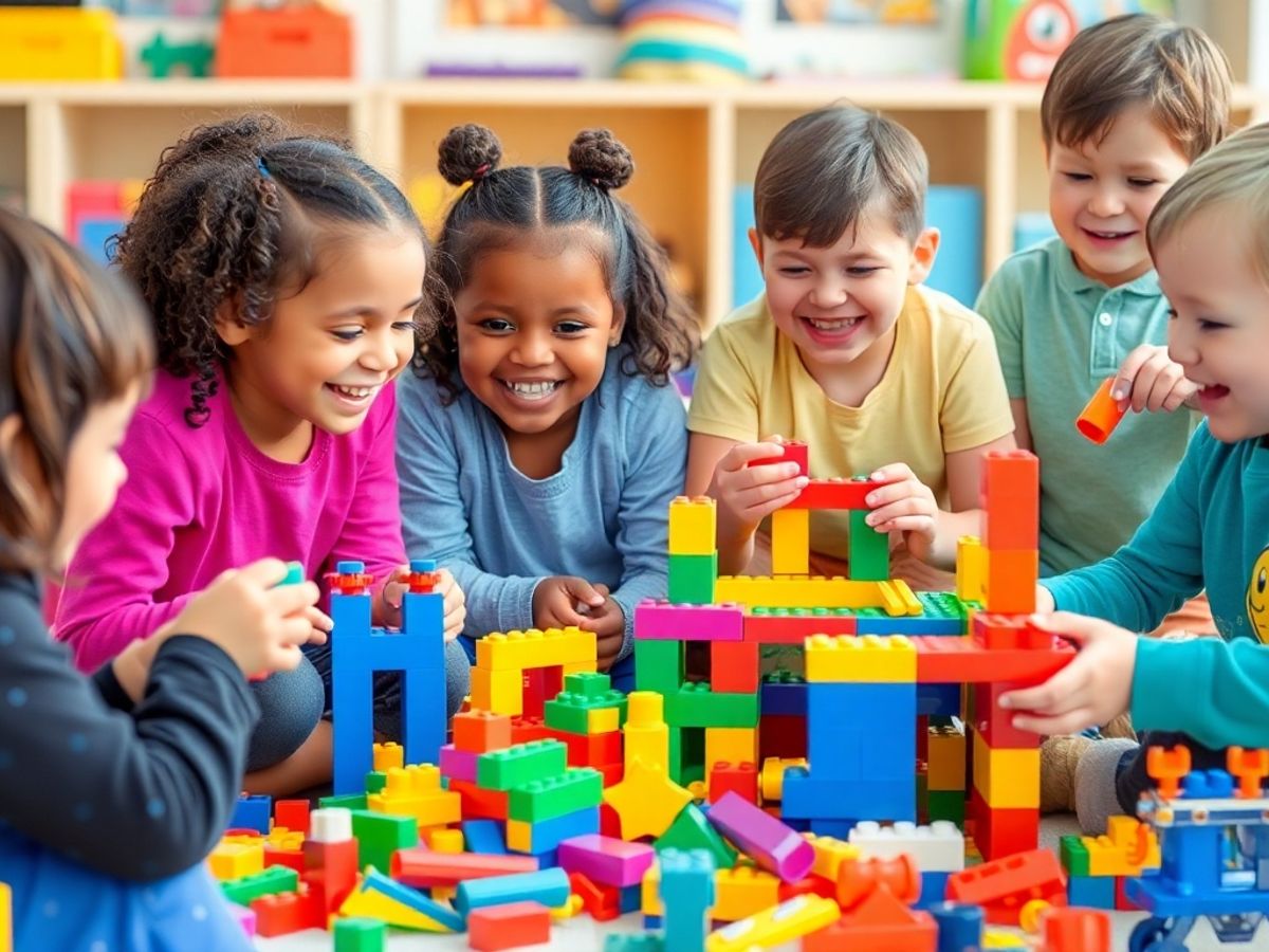 Copii jucându-se cu seturi de construcție colorate.