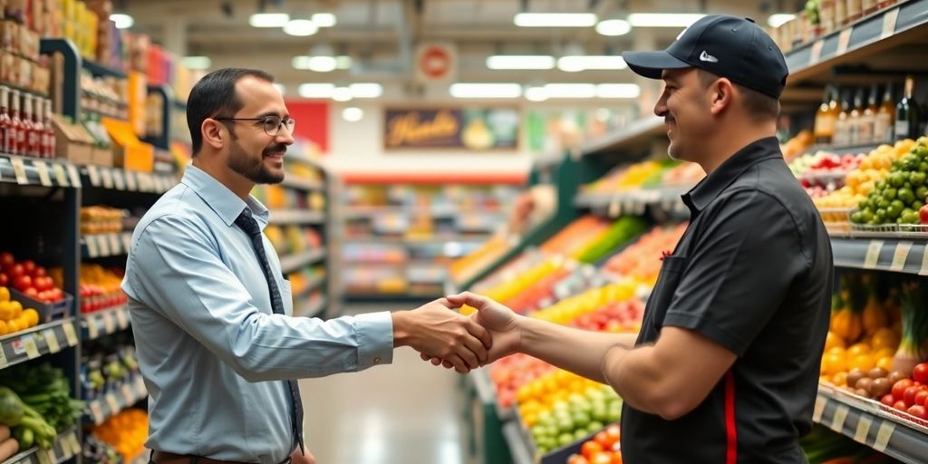 Job candidate shaking hands with store manager in produce aisle