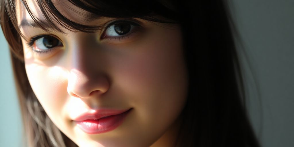 Teenage girl with dark hair, mysterious expression.