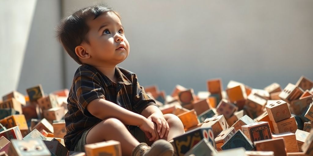 Child looking up with hopeful expression after a setback.