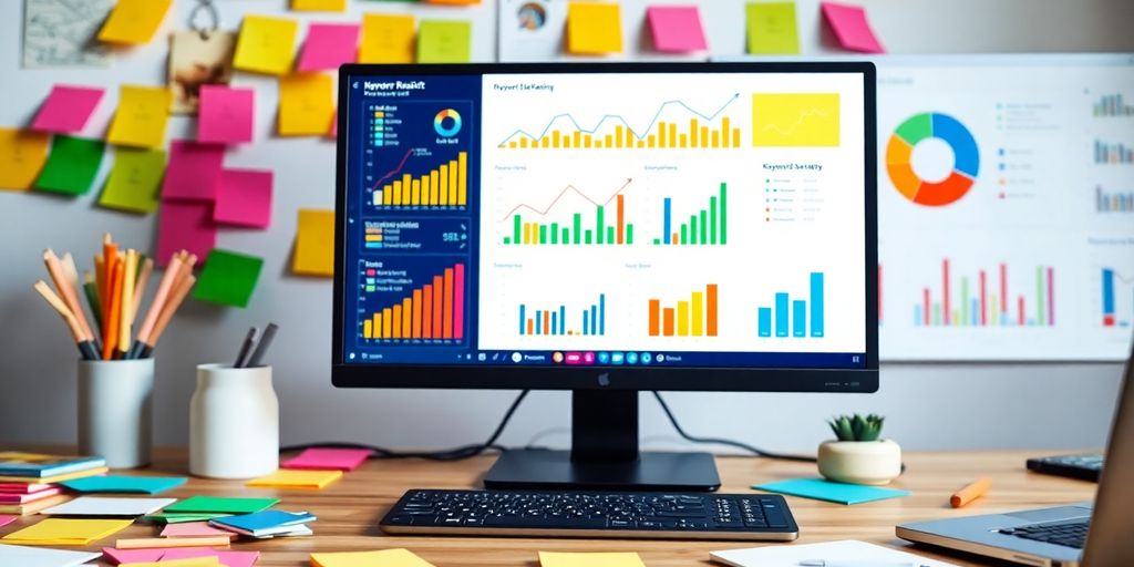 Kleurrijke digitale werkruimte met analytics en notities.