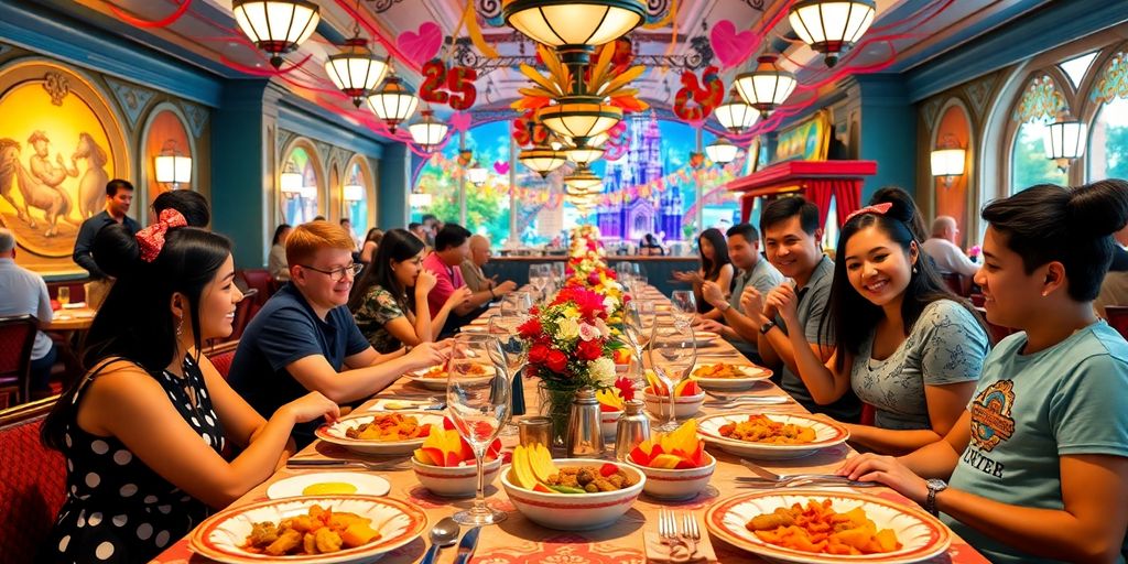 Mesa decorada com pratos coloridos em restaurante Disney.