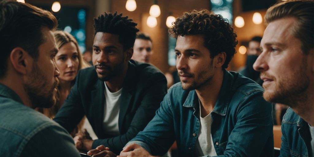 Group of people talking about relationships and growth.