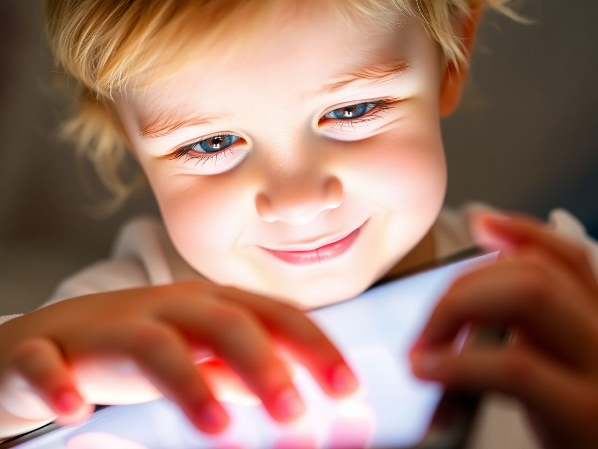 Copil zâmbitor folosind o tabletă colorată.